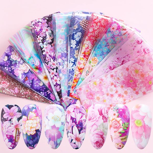 Holographic Nail Foil Transfer Stickers Decals, Pink Floral Nail Polish Sheets Sky Starry Paper Transfer Foils Flower Nails Supplies for Nail Transfer Glue Polish, Women Manicure Nail Film Decorations