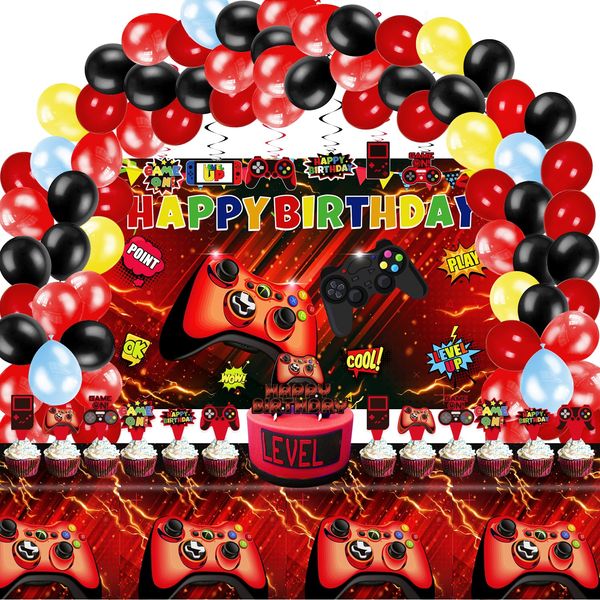 Mpanwen Video Game Birthday Party Decorations - 109Pcs Red and Black Gamer Gaming Party Supplies For Boys Birthday Party - Gaming Backdrop, Table Cover, Hanging Swirls, Topper, Balloons