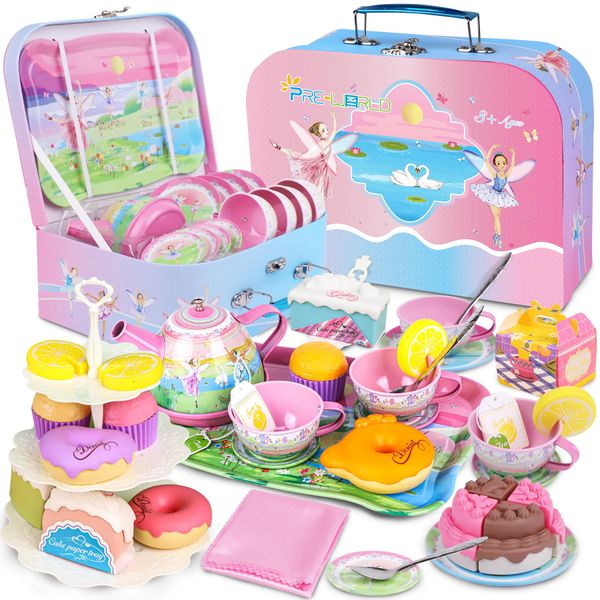 Tea Set for Little Girls,PRE-WORLD 50PCS Princess Tea Party Time Toy Including Dessert,Cookies,Doughnut,Teapot Tray Cake, Tablecloth & Carrying Case,Kids Kitchen Pretend Play for Girls Boys Age 3-6