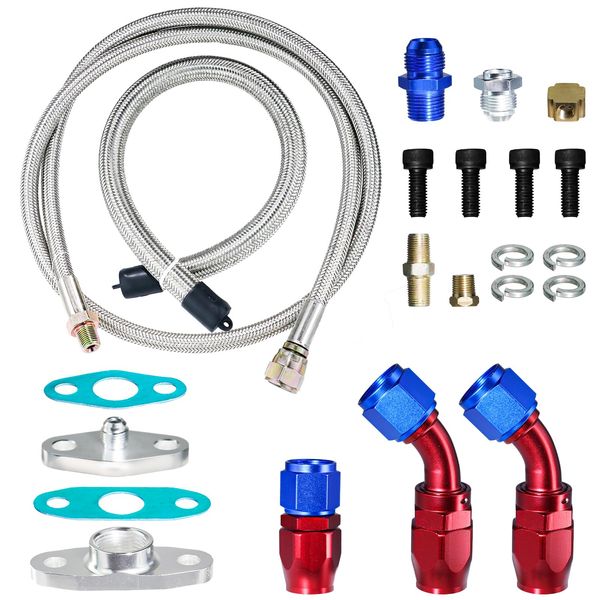 Universal Turbo Charger Oil Feed Line Oil Return Line Oil Drain Pipe Complete Kit Compatible with T3 T4 T3/T4 T70 T66 T04E,Silver