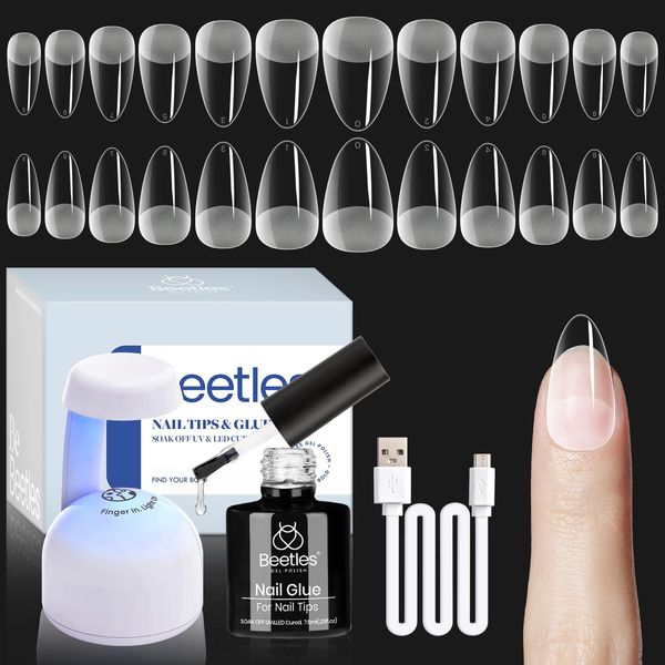 Beetles Gel Nail Kit Easy Nail Extension Set Etch X Nail Tips 504Pcs Short Almond Half Matte Nail Tips 5 in 1 Mutipurpose Glue Gel Base Uv Led Nail Lamp DIY Manicure Art