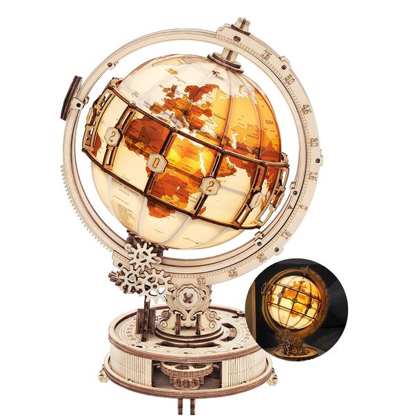 ROKR 3D Wooden Puzzles for Adults Illuminated Globe with Stand 180pcs 3D Puzzles Built-in LED Model Kit Hobby Gifts for Adults/Teens Home Decor