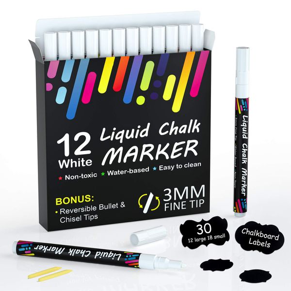 Shuttle Art White Chalk Pens, 12 Pack Wipeable Liquid Chalk Markers for Crafting, Reversible 3mm Fine Tip with 30 Chalkboard Labels, Perfect on blackboard, Window, Glass, Wood, Office Home Supplies