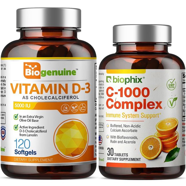 Biogenuine Vitamin D-3 5000 IU 120 Softgels - Free Vitamin C-1000 - High-Potency