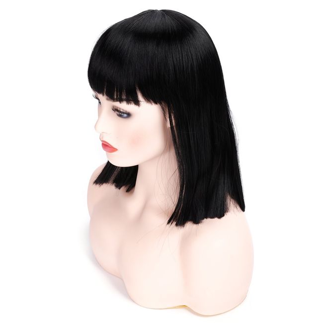 morvally Short Straight Black Wig with Bangs Natural Looking Heat Resistant Hair Cosplay Costume Wigs (14 inches Natural Black)