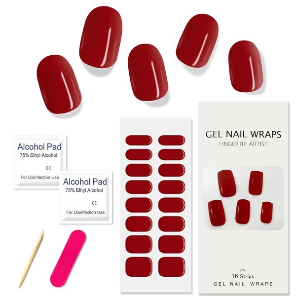 Boloshine 16 Pcs Semi Cured Gel Nail Wraps, Soft Glossy Full Wraps Gel Nail Stickers, Salon-Quality Solid Color French Manicure Stickers, Self-Adhesive Gel Nail Strips UV/LED Lamp Required - Red Wine