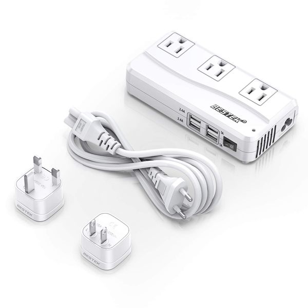 BESTEK Universal Travel Adapter 220V to 110V Voltage Converter with 6A 4-Port USB Charging and UK/AU/US/EU Worldwide Plug Adapter (White)