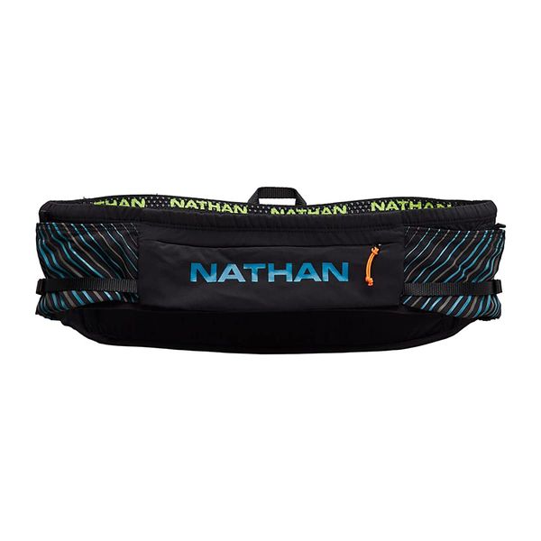 Nathan Running Belt Pinnacle Hydration Waistbelt/WaistPack. Includes Soft Flask, Storage, Zipper Pocket. For Running, Hiking Fanny Pack. No Bounce! (L/XL, Black/Blue)