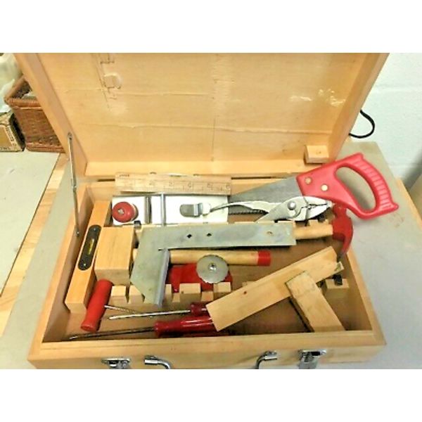 Vintage Childrens Jr. Woodworking in Wooden Box Tool set.