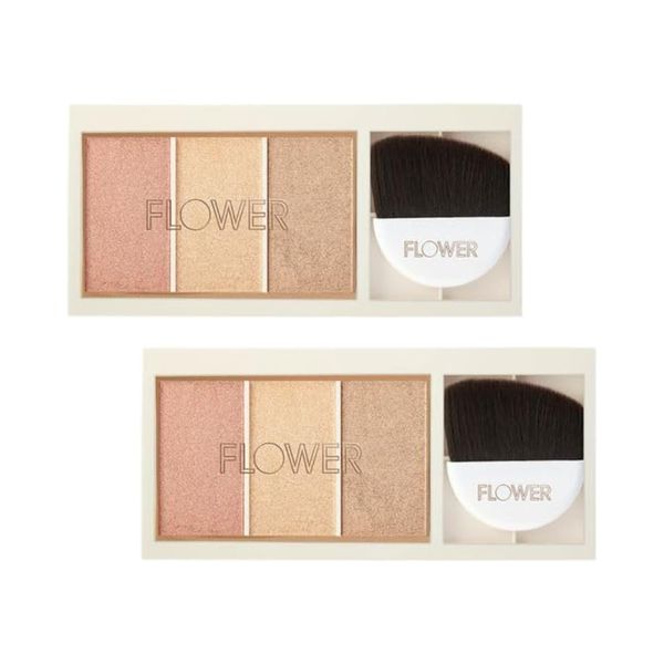 FLOWER Beauty Shimmer & Strobe Highlighting Palette | Glowing Bronzer Powder Kit For Face | Blendable Coverage | Skintones | 3 Enhancing Colors | Strobe Brush Included - Sunkissed Shimmer (Pack of 2)