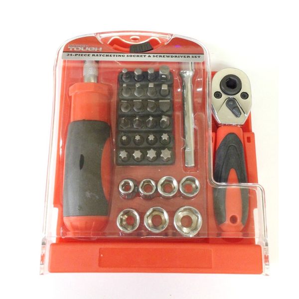 Handy 34pc Ratcheting Tool Set with Stubby Ratchet Handle Socket Bits and Driver