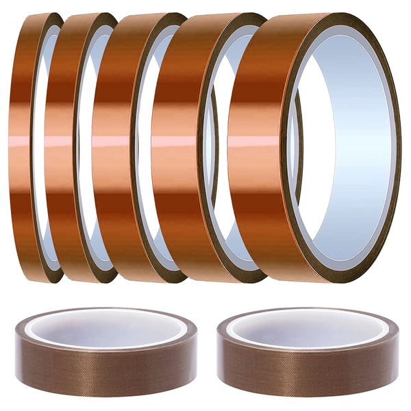 Youmile 5 Rollen Hochtemperaturband Hitzebeständiges Polyimidband 3/6 / 8/12 / 15 mm x 33 m (108 ft) Wärmeleitband zum Löten, Wärmeübertragung mit 2 Rollen 15 mm x 10 m (33 ft) Teflonband