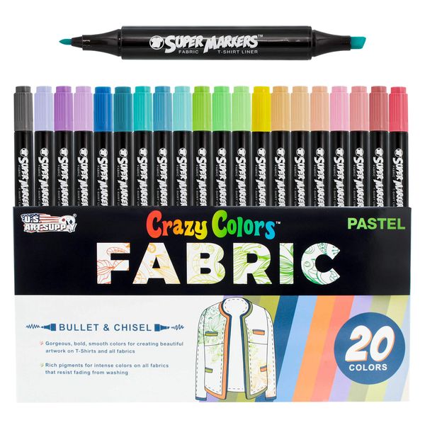 Super Markers 20 Unique Pastel Colors Dual Tip Fabric & T-Shirt Marker Set - Double-Ended Fabric Markers with Chisel Point and Fine Point Tips - 20 Permanent Ink Vibrant and Bold Colors