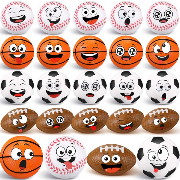 Arrowbash 24 Pcs Mini Face Stress Balls for Boys Girls Mini Basketball, Football, Baseball, Soccer Stress Balls Funny Face Squeeze Balls Anxiety Relief Balls for Party Favors Birthday Gift Decoration