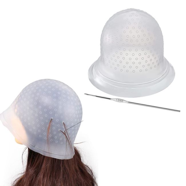 Silikon Haarfärbe Kappen,Strähnchenhaube Mit Löcher,Friseur Zubehör,Haubensträhnen,Colouring Highlighting Cap,Silicone Marking Hat,Hair Dyeing Accessorie,Wiederverwendbar,Mit Haarhaken,1pc,Weiß,Kiuiom