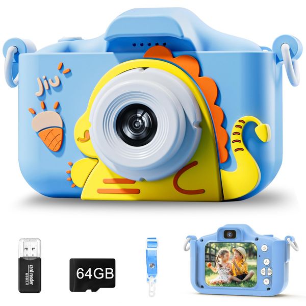 Kids Camera, Digital Camera for Kids with 64GB Card, 48 MP 1080P HD IPS Screen, Dual Selfie Toddler Video Camera for Christmas Birthday Gift for Boys and Girls,Blue