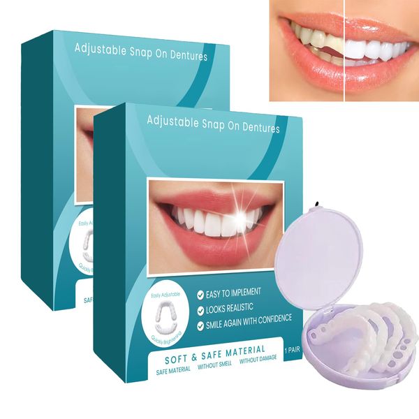 FunnAura 2 Pairs Dentures False Teeth, Adjustable Instant Snap on Veneers Tooth, Clip on Veneers Top and Bottom