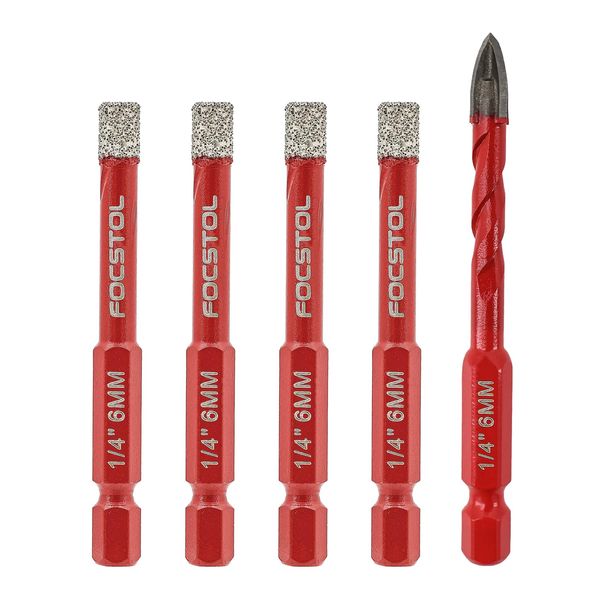 Dry Diamond Drill Bits Set - FOCSTOL 4pcs 6mm Diamond Hole Saw & 1pc 6mm Carbide Drill with Quick Change Hex Shank for Ceramic Porcelain Tile Marble Granite Quartz