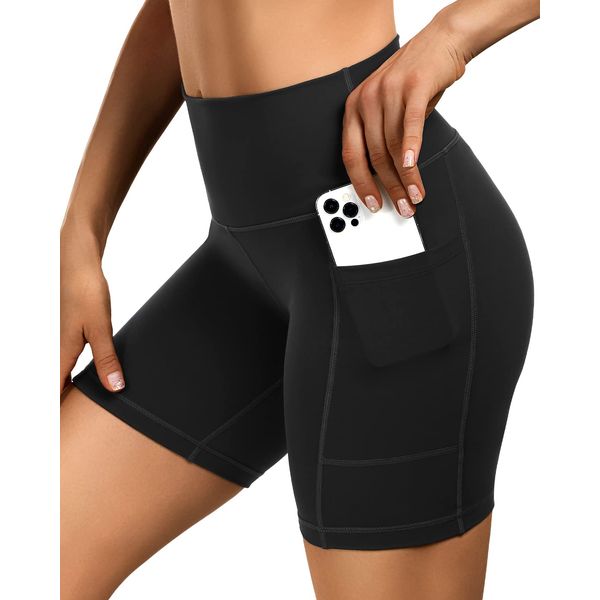 Sportneer Cycling Shorts Women Gym Shorts 7" with Pockets Running Shorts Cycle High Waist Tummy Control Sports Shorts for Running Workout Yoga Black