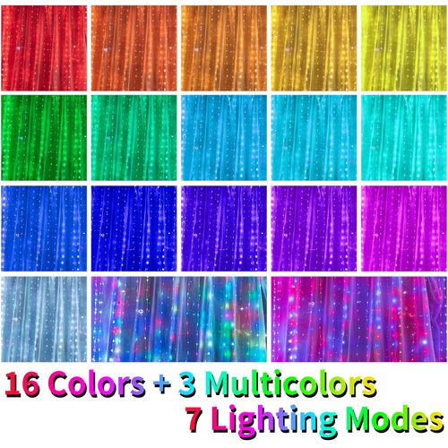 16 Colors Changing Curtain Lights - 250 LED 9.8 X 8.8 FT Fairy String, 7 Modes Twinkle With Remote, Backdrop Wall Hanging Dripping for Bedroom Backyard Halloween Christmas Decor