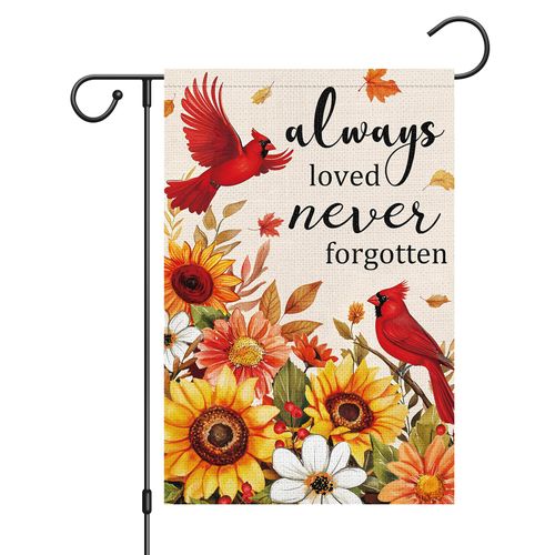 Wodison Always Loved Never Forgotten Memorial Garden Flag 12x18 Inch Double Sided, Fall Thanksgiving Cardinal Sunflower Cemetery Yard Outdoor Decorative Flag