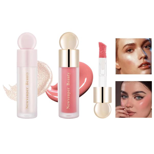 Liquid Highlighter, Liquid Blush with Face Brush Long Lasting Smooth Lightweight Smudge Proof Blush+ Highlighter