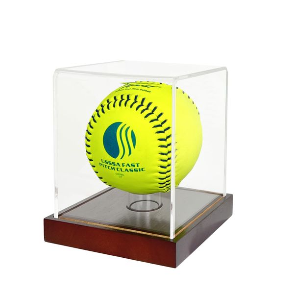 Softball Display Case,Clear Acrylic Ball Display Holder for 12 inch Softball,UV Protected Cube with Wood Base Stand for Tennis Ball Baseball Golf Ball,Championship Sport Collection Box Showcase