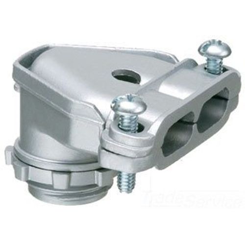 ARLINGTON INDUSTRIES 84690 90 DEGREE ZINC DIE-CAST DUPLEX CONNECTOR WITH A TWIN SCREW STRAP, SECURES INTO 1/2 INCH KNOCKOUT WITH A LOCKNUT, DUPLEX CONNECTOR, SILVER