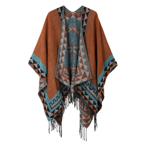 Urban CoCo Women's Printed Tassel Open front Poncho Cape Cardigan Wrap Shawl (Orange-series 5)