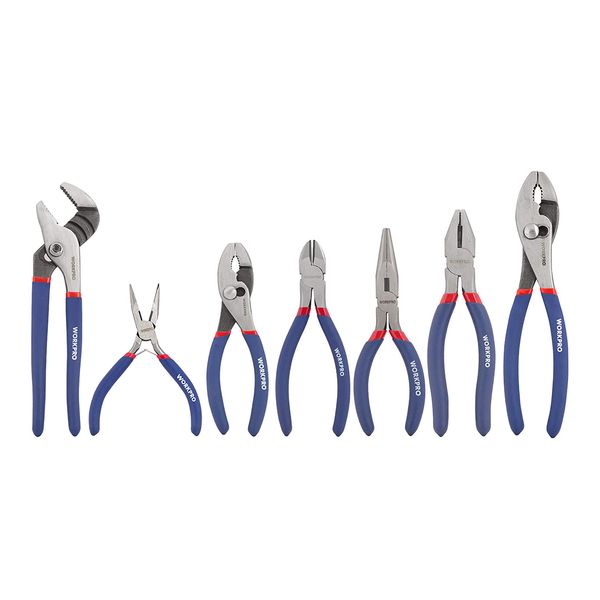 WORKPRO 7-piece Pliers Set (8-inch Groove Joint Pliers, 6-inch Long Nose, 6-inch Slip Joint, 4-1/2 Inch Long Nose, 6-inch Diagonal, 7-inch Linesman, 8-inch Slip Joint) for DIY & Home Use