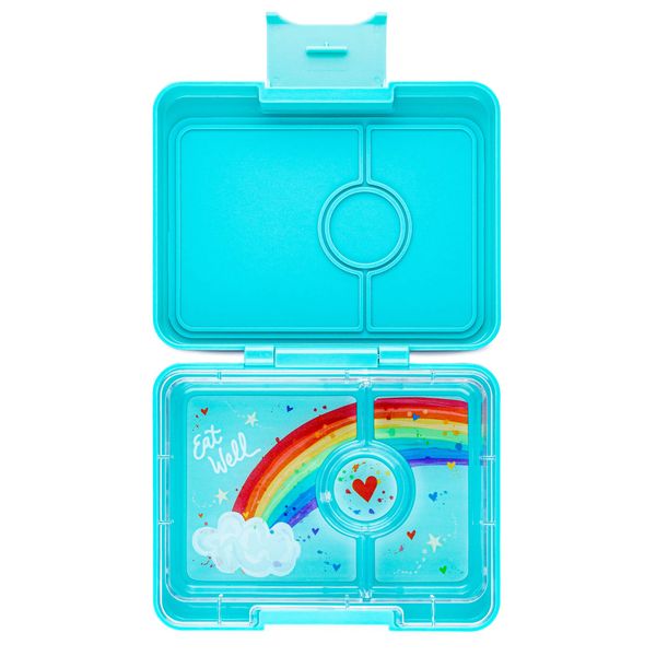 yumbox Misty Aqua Snack Box with Rainbow Tray - 3-Compartment Bento 6.7x5.1x1.8 | Kid-Friendly | Healthy Snacks | BPA-Free & Easy Clean