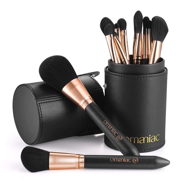 OMANIAC® Makeup Brushes Set Professional (12Pcs), Comfortable To Hold And Easy To Use. Eyeshadow, Blush, Powder, Foundation, Blending, Full Face Make up Brushes Set With Makeup Brushes Holder. (Rose Gold and Black)