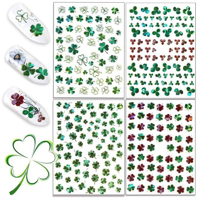 St. Patrick’s Day Nail Sticker Decals 4 Sheets Shamrock Luck of The Irish Green Nail Decals Self-Adhesive Nail Tips Decorations Lucky Clover Nail Design Stickers for Women Girls DIY Manicure