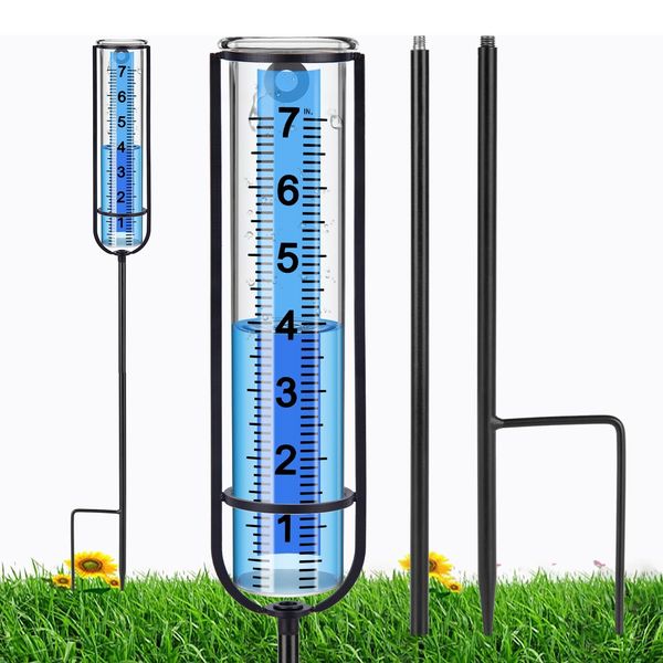 Richene Rain Gauge Upgrade, 7" Freeze-Proof Glass Rain Gauge Outdoor, Large Clear Numbers and Adjustable Height - Stylish and Practical Rain Measuring Tool for Garden, Lawn, Patio, and Farm Use