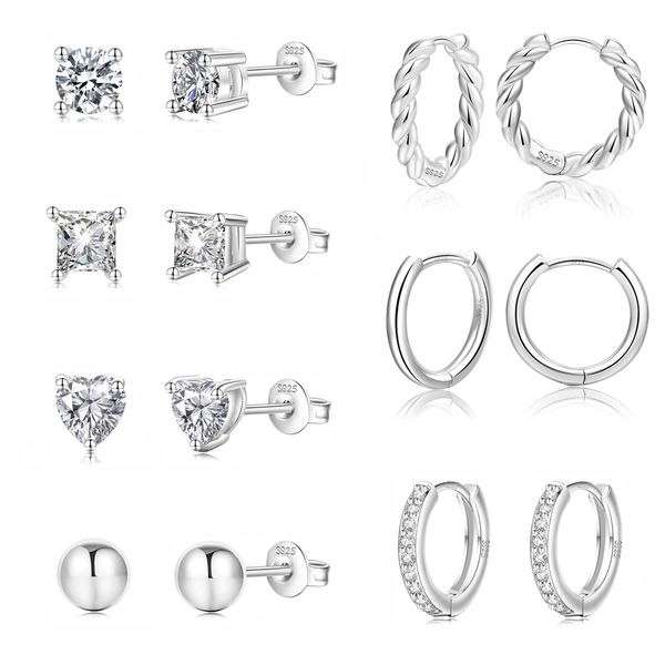 GEMAURA Sterling Silver Earrings 925 Silver Earrings for Women Small Silver Hoop Earrings Dainty Gold Earrings for Women Silver Stud Earrings Shiny Cubic Zirconia Diamond Earrings Set (7 Pairs)