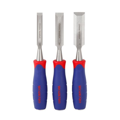 WORKPRO Wood Chisel Set, 3 Pieces Wood Carving Chisels 12 mm, 19 mm, 25 mm, Cr-V Bevel Edge Chisels with Steel Hammer End and Non Slip Handle for Woodworking, Wood Carving and Sculpting