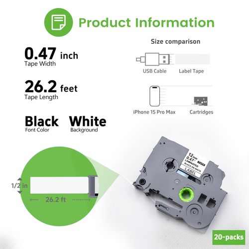 Womiten 20 Pack TZe-231 Label Tape White, Compatible for Brother P Touch Label Maker PTD220 PTD210 PTH110, 12mm 0.47 Laminated Tape for Indoor/Outdoor Use, Black on White, Water Resistant, No Jamming
