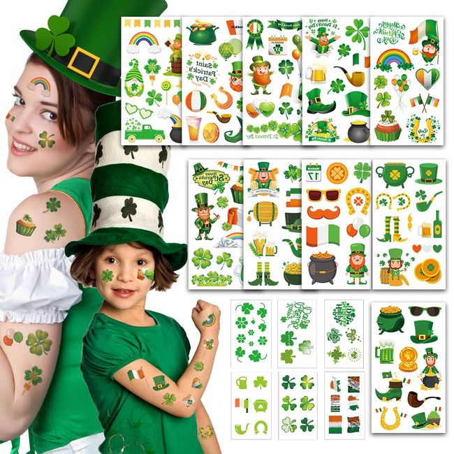 jejucy St Patricks Day Tattoos,16 Unique Sheets Temporary Tattoos St. Patricks Day Accessories, Irish St Patricks Day Decorations Shamrock Gnomes Hats Saint Patricks Day Face Stickers for Adult Kids