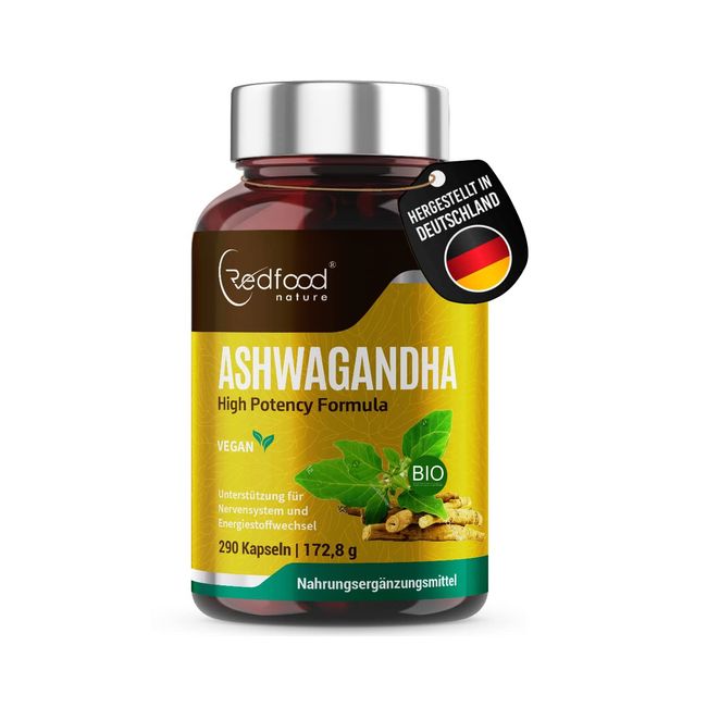 Redfood® Ashwagandha Kapseln 290 Kapseln - Hochdosiert mit 1500mg je Tagesdosis - hochwertige indische Schlafbeere in bester Qualität I Laborgeprüft - Ohne Zusätze in Deutschland produziert