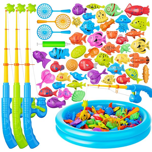 Magnetic Fishing Pool Toys Game for Kids Toddlers 3-5 4-8, Water Table Bathtub Toy with Inflatable Pool Pole Rod Net Plastic Floating Fish, Water Bath Pool Outdoor Toys for Kids Toddlers Baby