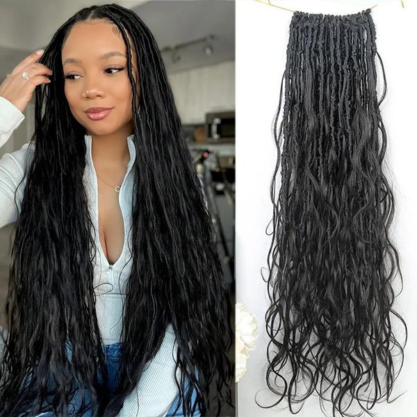 Boho Faux Locs Human Hair Curls Crochet Bohemian Braids Human Hair Knotless Pre Looped Synthetic Goddess Braids With Human Hair Curly Ends Body Wave For Braiding Meadow hair 22Inch 72Locs