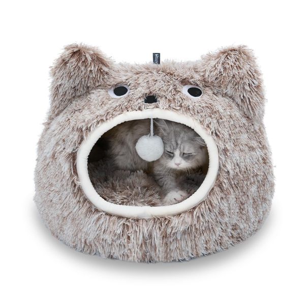 CATISM Cat Bed Cute Cat Bed Cave, Soft Plush Hooded Cat Cave Bed, Cozy for Indoor Cats or Small Dog Bed, Washable Cet Bed with Cat Cushion, Coffee (20 * 20 * 16 Inches)