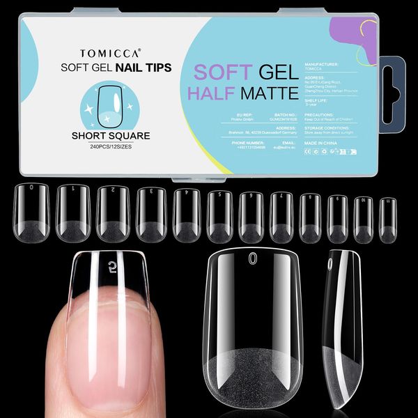 TOMICCA Square Kurz Nageltips-Tips für Gelnägel,Gel Full Cover Nail Tips, Pre-Shaped Halbmatt tips nägel Gelly Nagelspitzen für Acrylnägel-240 Pieces 12 Sizes
