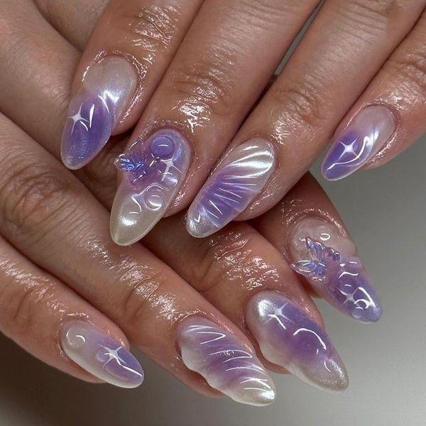 24pcs Short Almond False Nails 3D Butterfly Press on Nails Purple Ombre Fake Nails Glue on Nails Star Stick on Nails Removable Fake Nails Women Girls Nail Art Accessories