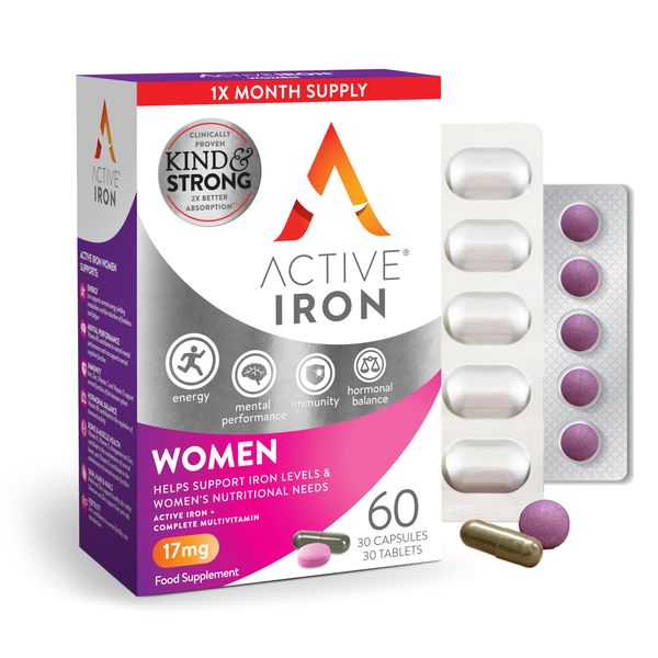 Active Iron Women with Active Multivitamin | 30 Iron Capsules & 30 Active Multivitamins | Iron Supplement | High Strength B Vitamins | Non-Constipating | 1-Month Supply