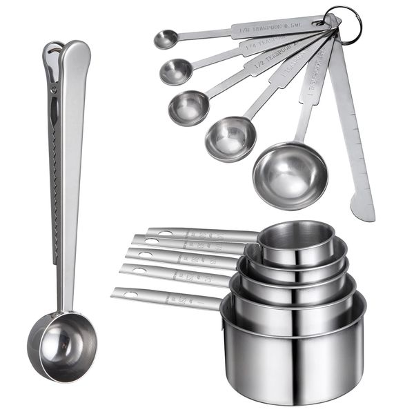 Measuring Cups and Spoons Sets Stainless Steel Measuring Scoop with Leveler & Clip for Liquid & Dry Ingredients Set of 12