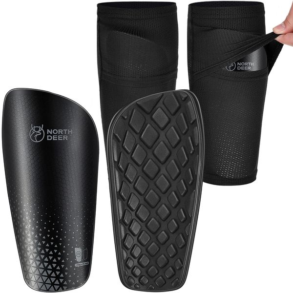 Soccer Shin Guards for Men incl. Sleeves with Optimized Insert Pocket - Protective Soccer Equipment for Kids Adults (Black L)