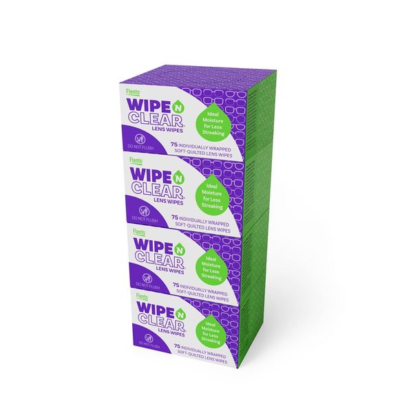 Flents Wipe 'N Clear Lens Cleaning Wipes 5" x 6" Lens Wipes AntiStreak Fast Drying 4 Portable Boxes Of 75, Bonus Pack, 300 Count, Made in the USA, 75 Count (Pack of 4)