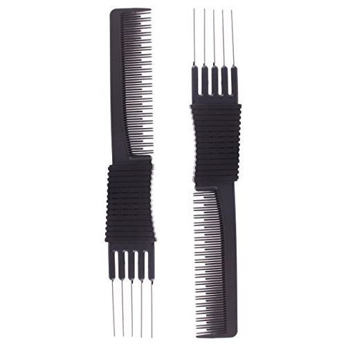 2pcs Black Carbon Lift Teasing Combs with Metal Prong, Salon Teasing Lifting Fluffing Comb with 5 Stainless Steel Pins
