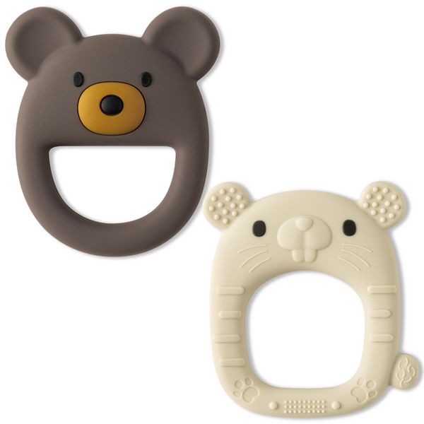 2ooya Baby Silicone Teething Toys - 2Pcs Brown Bear Mouse Baby Soothe Teething Chew Toys Infants Soft Teether Toys Toddler Bear and Mouse Design Toy Baby Shower Birthday Gifts for Baby Boy and Girl